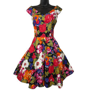 1980s Bright Floral Print Dress Size 9 Full Flared Skirt VNeck Midi Bold Vintage